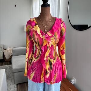 Tropical Floral Fuchsia Pink Yellow Print Pleated Top Semi Sheer Y2K Size M
